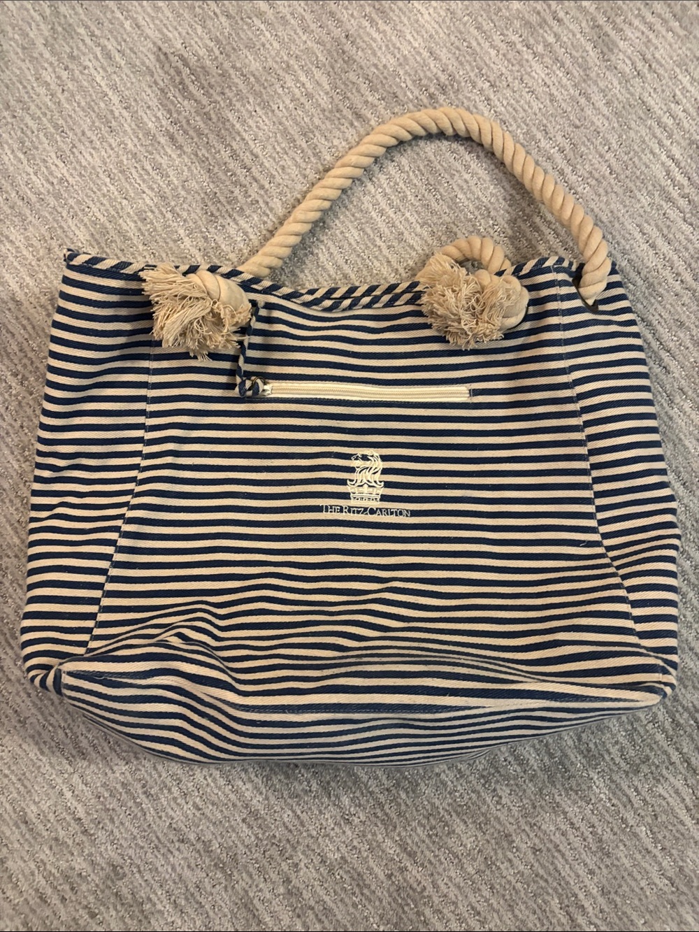 Striped Navy and Cream Rope-Handle Tote